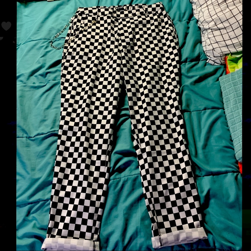 Black & white checkered pants w/ detachable chain